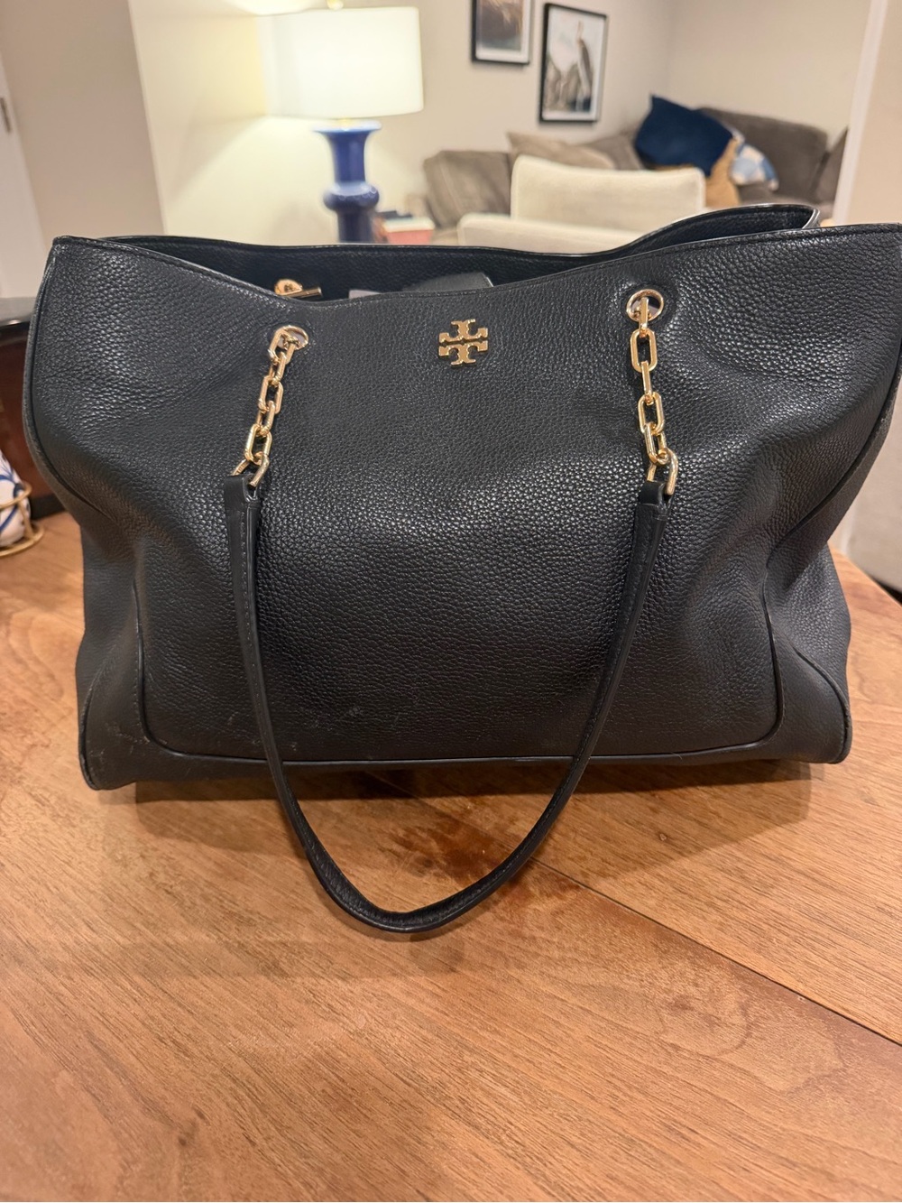 Tory Burch Black Pebbled Leather Tote with Gold Chain Handles